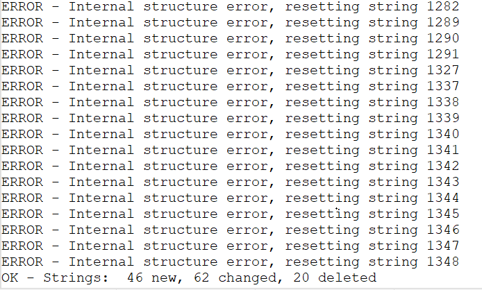 Screenshot of multiple 'Internal structure error, resetting string' messages in Trados Studio, with string numbers ranging from 1278 to 1348, followed by an 'OK' message showing string statistics.