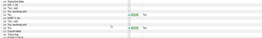 Screenshot of Trados Studio interface with translation segments and a green checkmark next to the segment 'IGP-3, Id: 's', unit: %s, working unit: %s'.