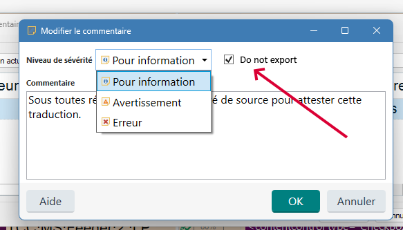 A comment editing window with a dropdown menu for severity level options: 'For information', 'Warning', and 'Error'. A red arrow points to a checkbox labeled 'Do not export'.