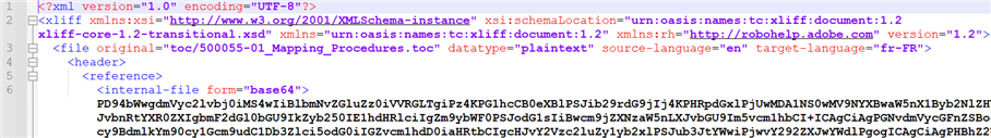 Screenshot of an XLIFF file code with XML version and encoding declaration, schema location, and file original and datatype attributes.