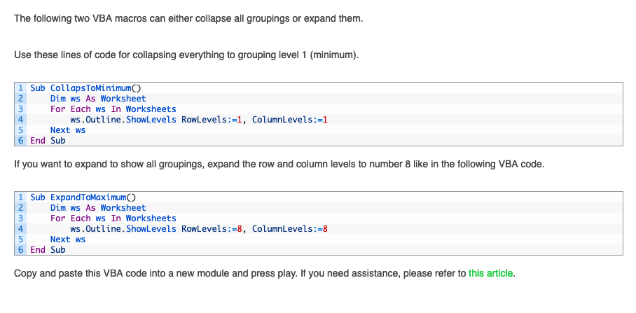 A webpage with instructions on using VBA macros to collapse or expand groupings in Excel, showing code snippets for 'CollapsToMinimum()' and 'ExpandToMaximum()' functions.