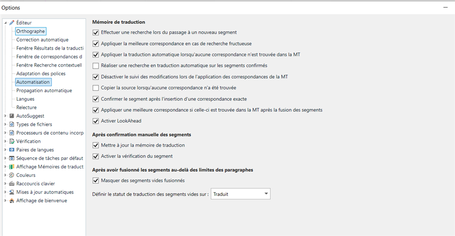 Screenshot of Trados Studio settings with options for translation memory and segment confirmation checked.