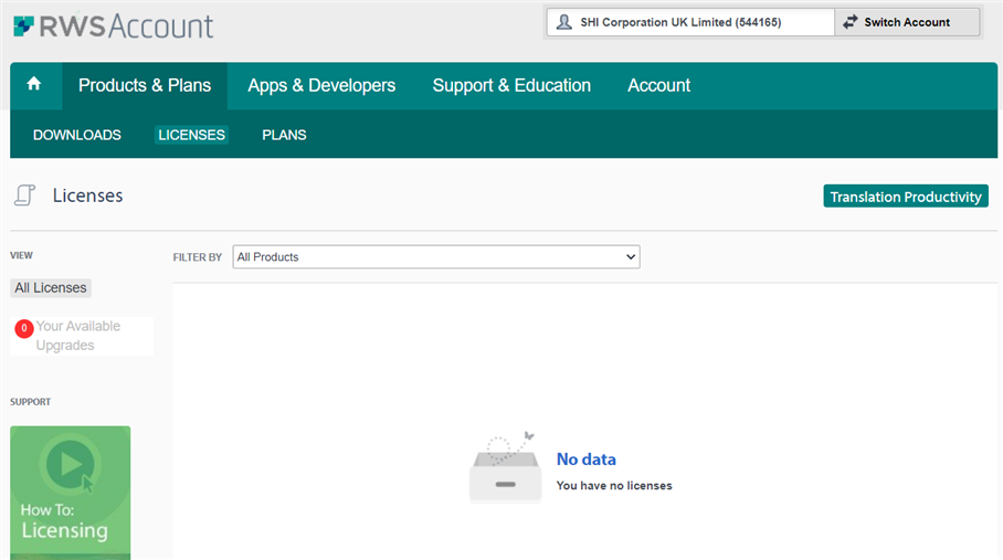 Second RWS Account Licenses page with identical 'No data' error displaying 'You have no licenses' for a different account under Translation Productivity.