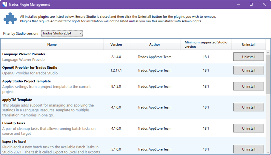 Trados Plugin Management window showing a list of plugins with columns for Name, Version, Author, Minimum supported Studio version, and Uninstall buttons.