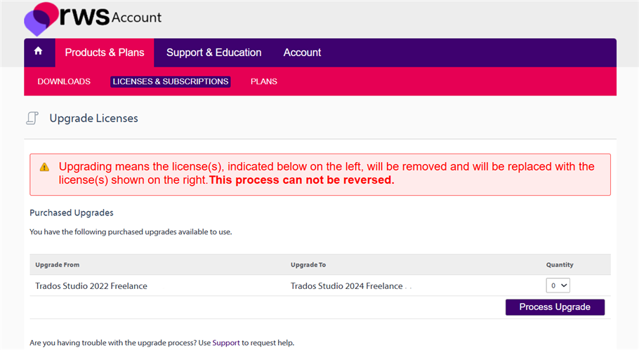 RWS Account page showing the 'Upgrade Licenses' section with a warning message in red: 'Upgrading means the license(s) will be removed and replaced. This process cannot be reversed.'