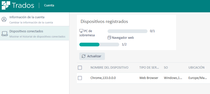 Trados account information screen showing registered devices, including a PC and a web browser with an option to update.