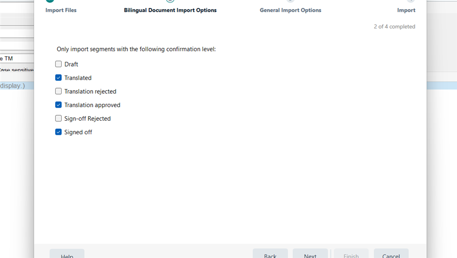 Trados Studio screenshot showing Bilingual Document Import Options with 'Draft' checkbox unchecked and 'Translated', 'Translation approved', and 'Signed off' checked.