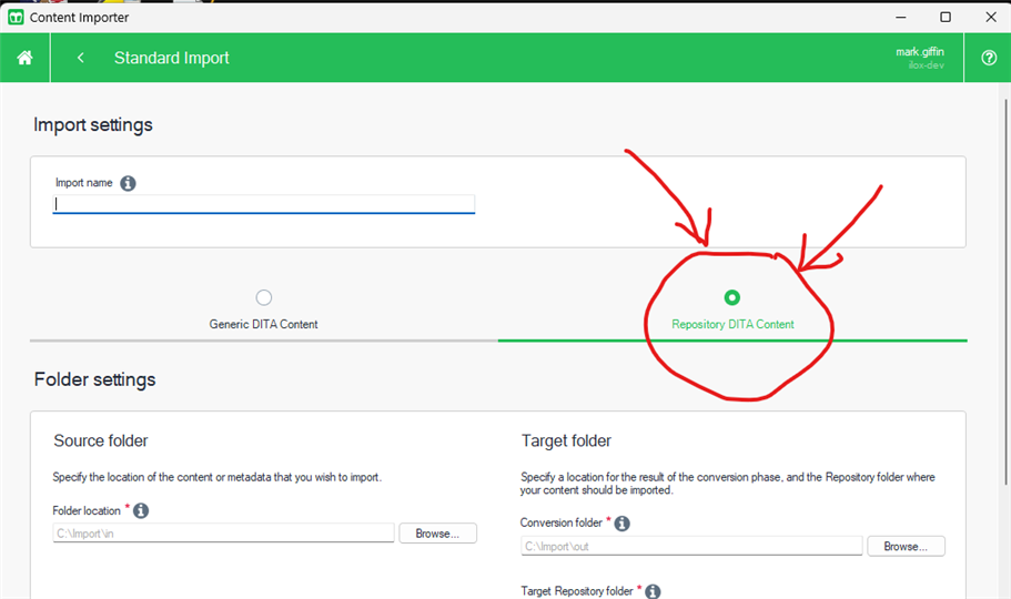 Screenshot of Content Importer's Standard Import page with two tabs: 'Generic DITA Content' and 'Repository DITA Content'. The 'Repository DITA Content' tab is circled in red with arrows pointing to it.