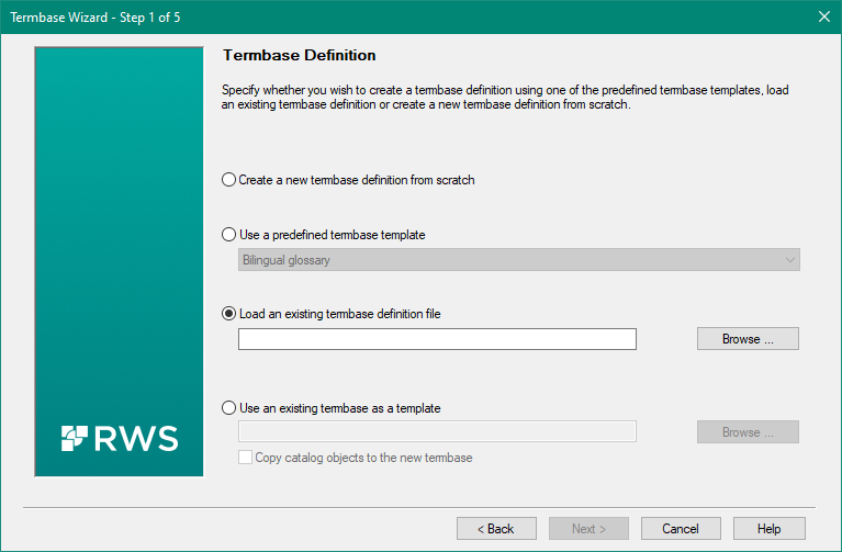 Screenshot of Trados Studio Termbase Wizard Step 1 of 5, showing options to create a termbase definition from scratch, use a predefined template, load an existing definition file, or use an existing termbase as a template.