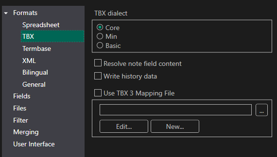 Trados Studio Glossary Converter options showing TBX dialect choices: Core, Min, Basic, with Core selected. Options to resolve note field content, write history data, and use TBX 3 Mapping File are visible.