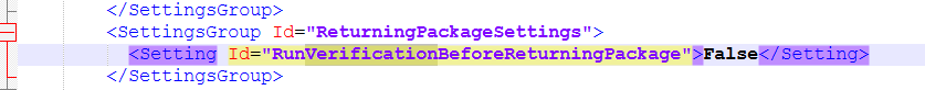 A text editor displaying XML code with a highlighted line showing a setting 'RunVerificationBeforeReturningPackage' set to 'False' within a 'ReturningPackageSettings' group.