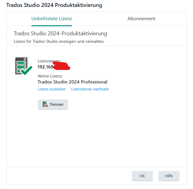 Trados Studio 2024 Product Activation window showing an active license for Trados Studio 2024 Professional with a license server IP address partially visible.