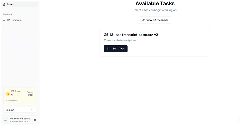Screenshot of the Available Tasks page showing a task titled '251121-asr-transcript-accuracy-v2' with a Start Task button. QA Score is 1.56 out of a target of 2.00, with 408 reviews.