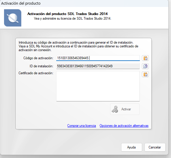 Activation window for SDL Trados Studio 2014 showing fields for activation code, installation ID, and activation certificate, with options for offline activation.