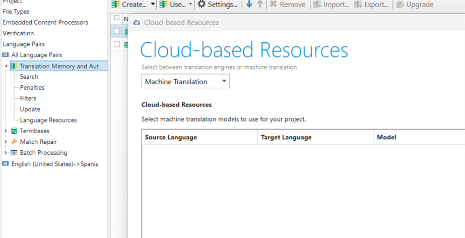 Trados Studio 2024 interface showing an empty list under Cloud-based Resources for Machine Translation with no available models.