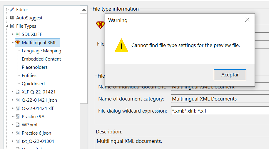 Trados Studio warning dialog box showing 'Cannot find file type settings for the preview file' with an accept button.