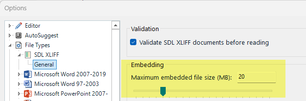 Screenshot of Trados Studio Options showing the Embedding section under SDL XLIFF file type settings with Maximum embedded file size (MB): 20 highlighted.