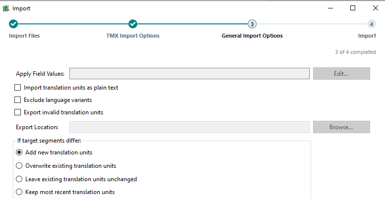 Trados Studio import settings with options to import as plain text, exclude language variants, export invalid units, and handle target segment differences.