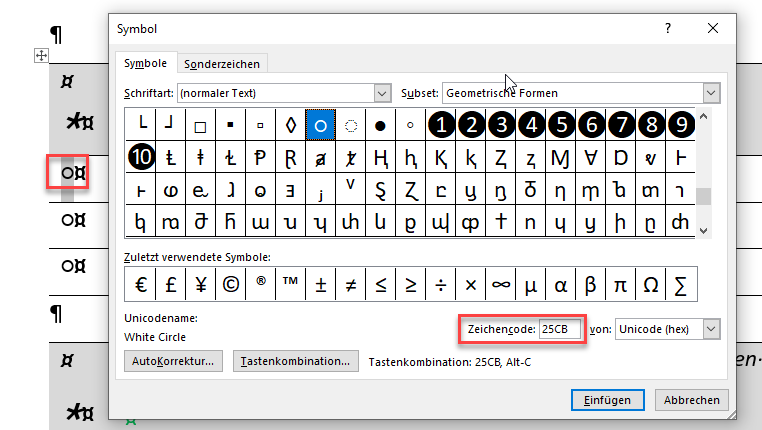 Symbol dialog box in Word showing the correctly displayed symbol with Unicode name and code.