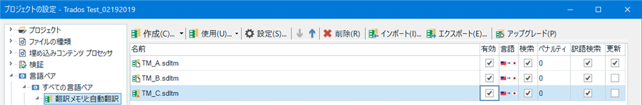 Trados Studio project view showing three translation memories: TM_A, TM_B, and TM_C, with TM_A set to save new translations, TM_B containing reviewed translations, and TM_C for reference with low reliability.