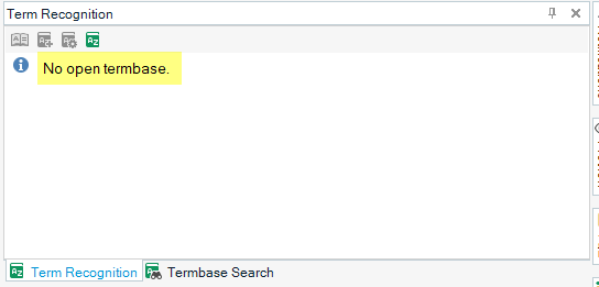 Trados Studio Term Recognition window with an error message 'No open termbase.'