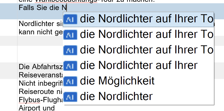 Screenshot of Trados Studio 2022 AutoSuggest feature displaying suggestions in an oversized, fuzzy 18 point font, reducing readability.