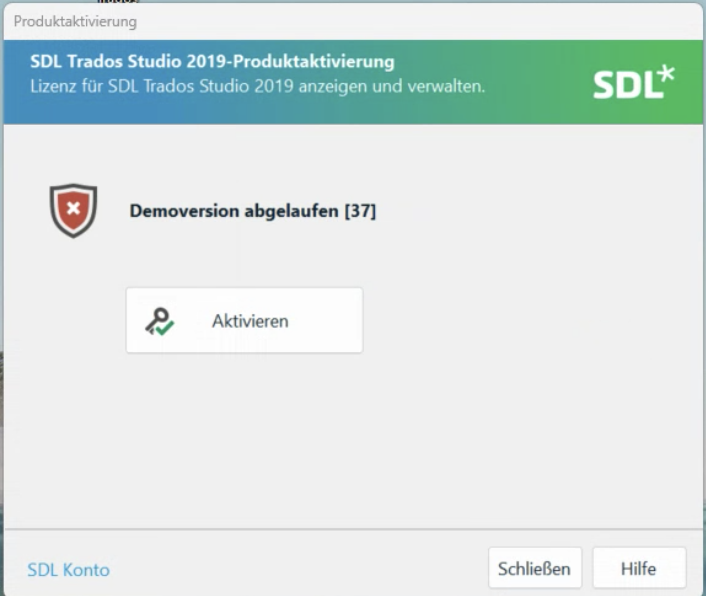 SDL Trados Studio 2019 product activation screen with a red cross icon and message 'Demo version expired 37' with an 'Activate' button below.
