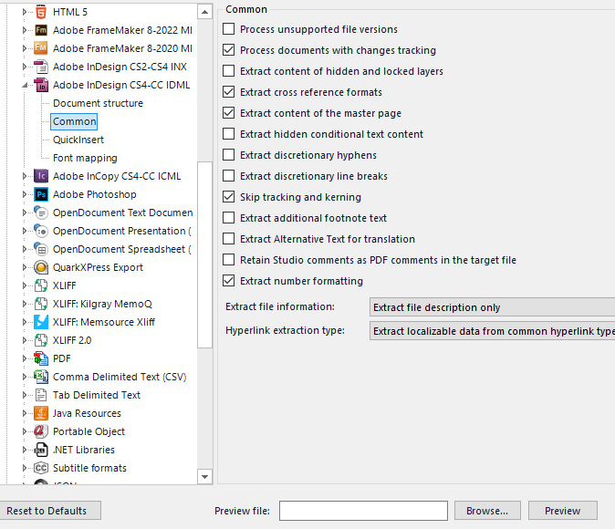 Trados Studio file types options showing a list of supported file formats including Adobe InDesign and options for common extraction settings.