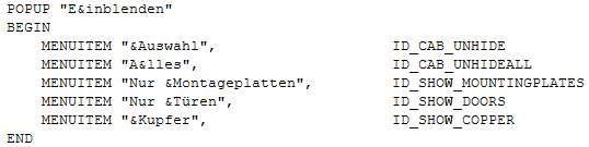 Snippet of resource file code for Trados Studio showing 'POPUP' menu 'Einblenden' with 'MENUITEM' entries 'Auswahl', 'Alles', 'Nur Montageplatten', 'Nur T ren', 'Kupfer' and corresponding IDs.