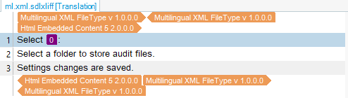 Trados Studio message box displaying file types with warnings indicated by red exclamation marks next to 'Multilingual XML File Type v 1.0.0.0' and 'Html Embedded Content 5.2.0.0'.