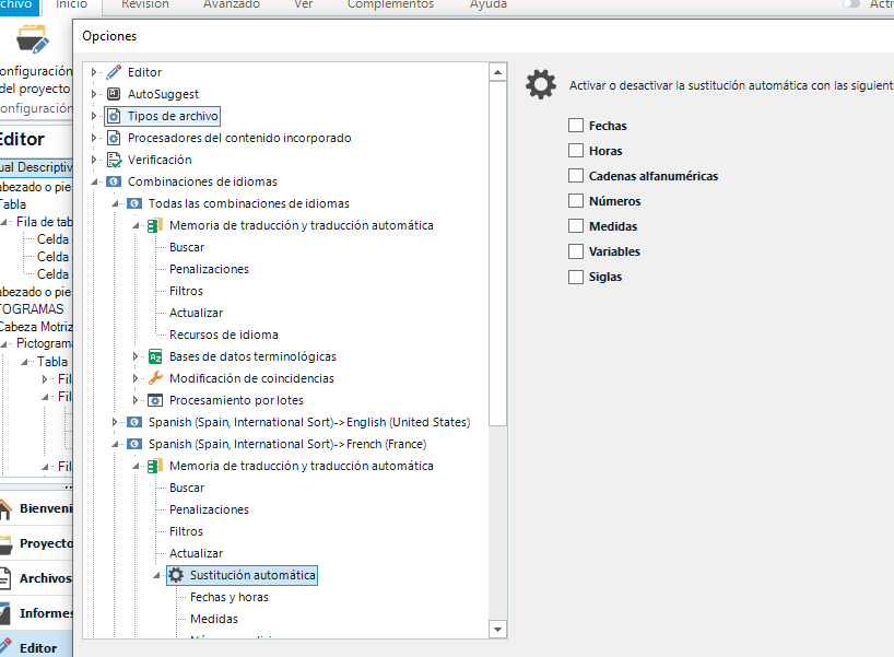 Trados Studio general settings window with options to activate or deactivate automatic substitution for dates, times, alphanumeric chains, numbers, measurements, variables, and symbols.