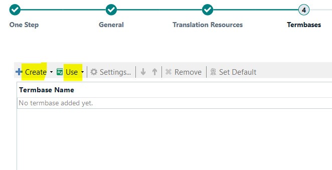 Screenshot of Trados Studio interface showing Termbases tab with options to Create or Use a new termbase. No termbase has been added yet.