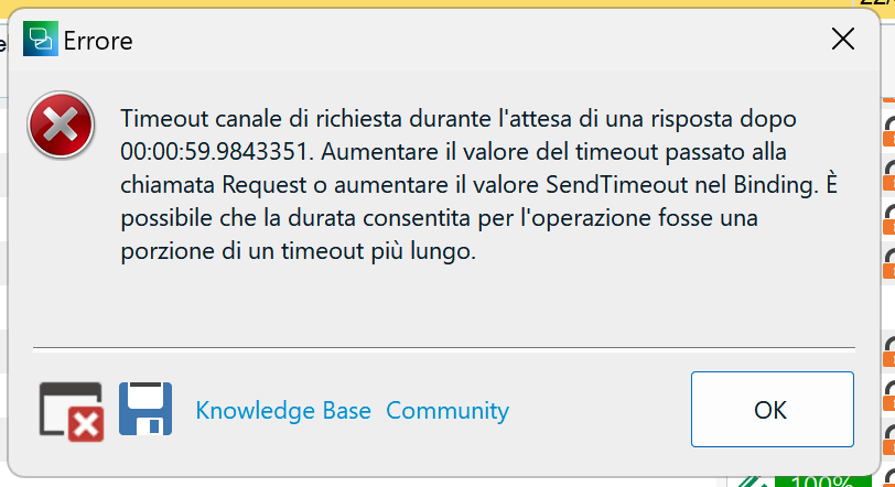 Error message in Trados Studio indicating a timeout during the wait for a response, suggesting to increase the timeout value or the SendTimeout value in Binding.