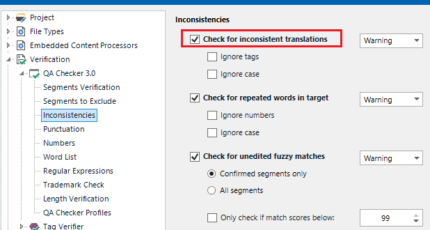 Trados Studio Project Settings window showing the 'Inconsistencies' section with 'Check for inconsistent translations' option ticked and set to 'Warning'.