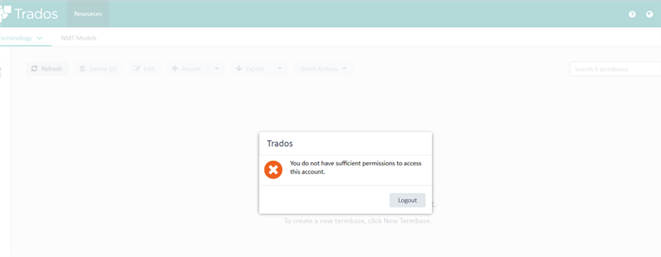 Trados Studio error message popup saying 'You do not have sufficient permissions to access this account' with a red exclamation mark icon and a 'Logout' button.