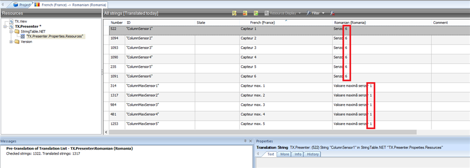 Screenshot of a translation software interface showing a file pretranslated with translation memory. Numbers in the 'State' column are highlighted, indicating incorrect automatic translation.