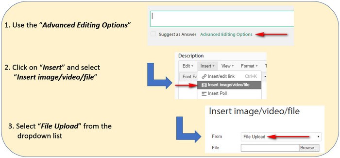 Step-by-step instructions for uploading an image, video, or file in an online platform. Step 1 highlights the 'Advanced Editing Options' button. Step 2 shows the 'Insert' dropdown menu with 'Insert imagevideofile' option. Step 3 points to 'File Upload' selection.