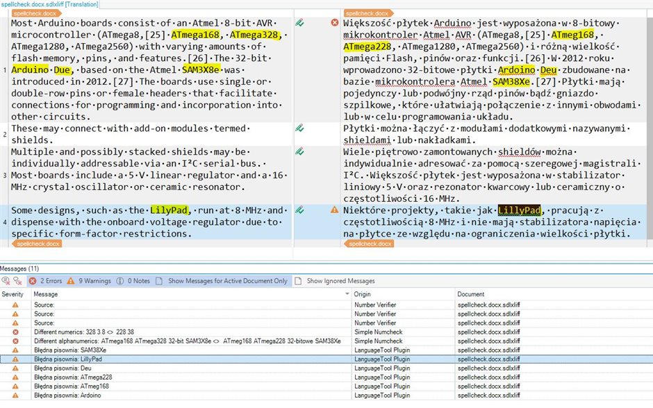 Screenshot of Trados Studio with LanguageTool Plugin showing spell check errors for words like ATmega168, Arduino Due, and LilyPad highlighted in the target column.