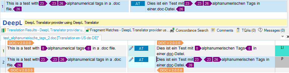 Screenshot of Trados Studio showing a comparison of translation results with alphanumerical tags in a .doc file, with the source text in English and the target text in German.