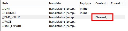 Screenshot of Trados Studio showing a list of rules with one highlighted error in the 'Context' column, labeled 'Element;'