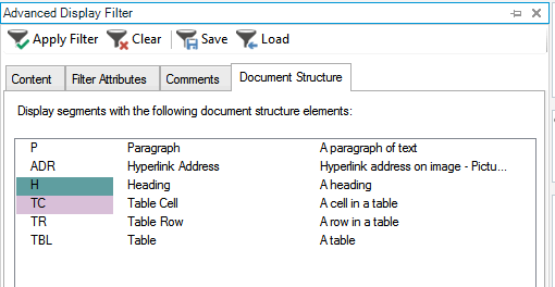 Trados Studio Advanced Display Filter window showing options for Document Structure with elements like Paragraph, Hyperlink Address, Heading, Table Cell, Table Row, and Table.