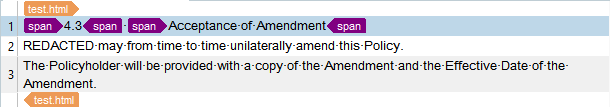 Screenshot of Trados Studio showing HTML file with text '4.3 Acceptance of Amendment' and a paragraph with redacted content.