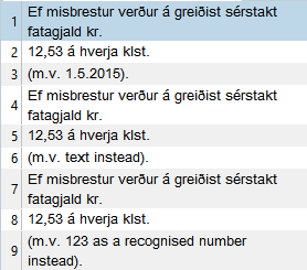 Screenshot showing a list in Trados Studio with Icelandic text, where 'm.v.' is added to the abbreviation list, resolving the formatting issues.