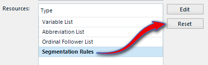 Trados Studio Resources menu with an arrow pointing to the Segmentation Rules option, highlighting the Reset button.