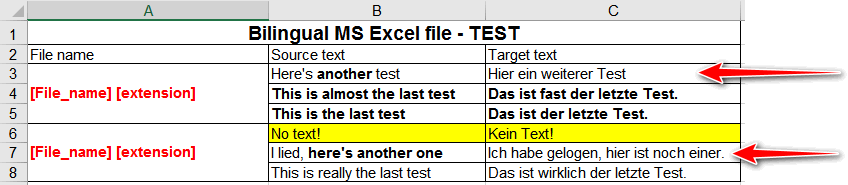 Screenshot of a bilingual MS Excel file with columns labeled 'File name', 'Source text', and 'Target text'. Red arrows point to missing target text in rows 4 and 7.
