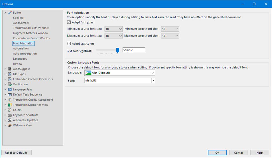 Trados Studio options menu with Font Adaptation settings showing checkboxes for 'Adapt font sizes' and 'Adapt text colors' unchecked. Language set to Afar (Djibouti) with default font.