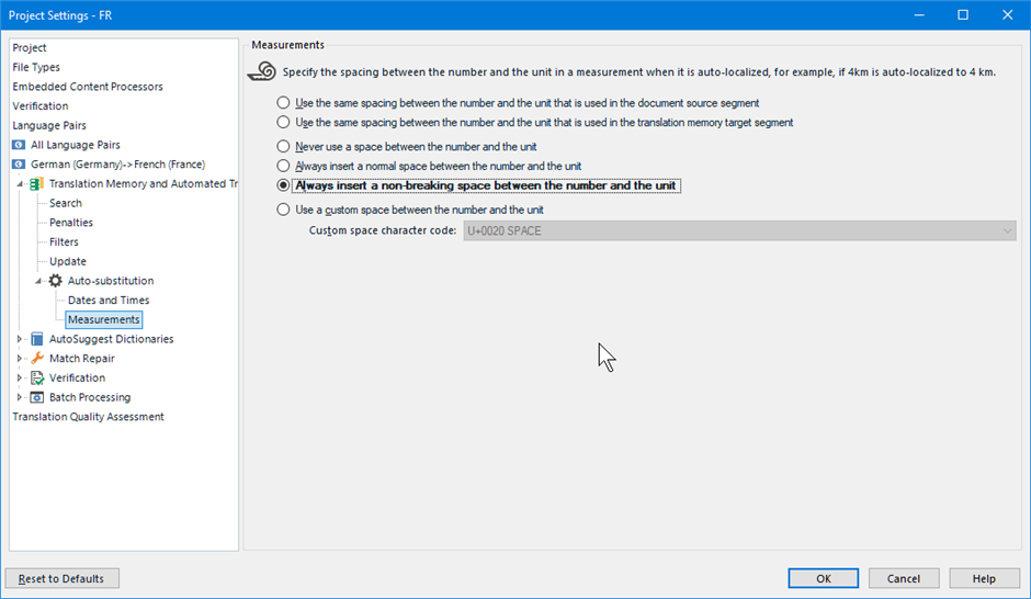 Trados Studio Project Settings window showing the 'Measurements' section with an option selected to 'Always insert a non-breaking space between the number and the unit'.