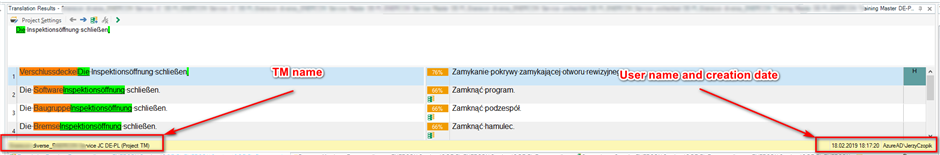 Screenshot of Trados Studio Translation Results window showing a list of translation units with one highlighted. Arrows point to TM name and user name with creation date.