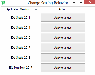 Screenshot of the 'Change Scaling Behavior' application window showing a list of SDL Studio and MultiTerm versions with 'Apply changes' buttons next to each.