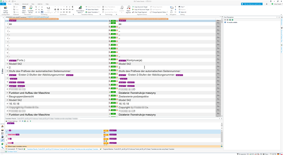 Trados Studio interface in revision mode showing a side-by-side comparison of original and translated text with track changes. No visible errors or warnings.